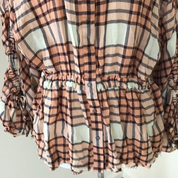 NWT! FREE PEOPLE size L plaid peach combo peplum top - Picture 3 of 8